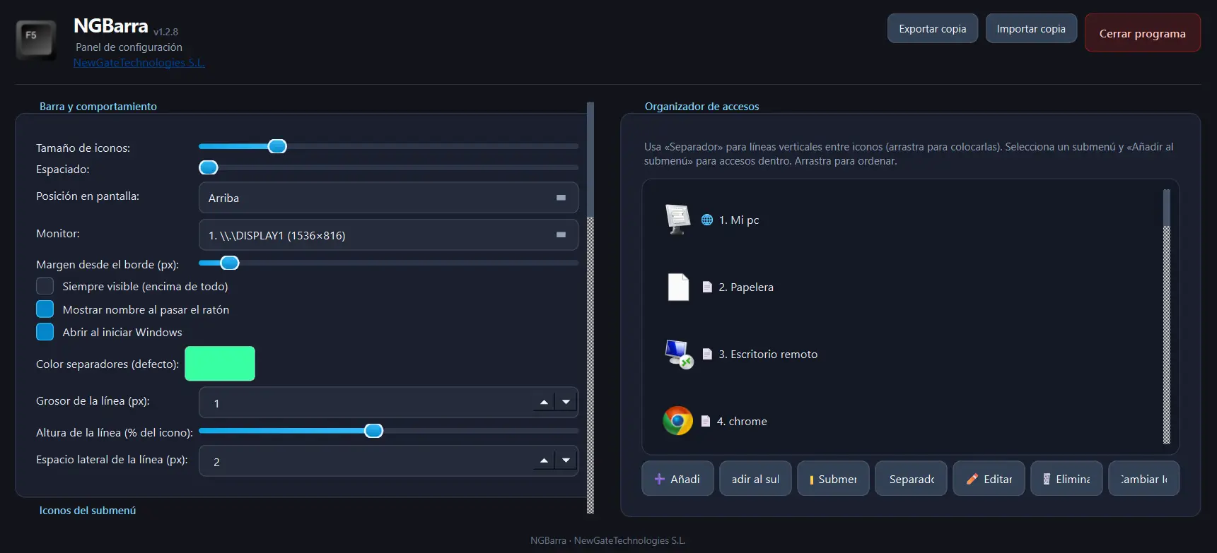 Captura del panel de configuración de NGBarra: tamaño de iconos, posición, iconos y copias de seguridad